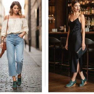 ELF handmade Leather Wedge Booties – Size 8 Hunter Green Boho Eclectic EUC